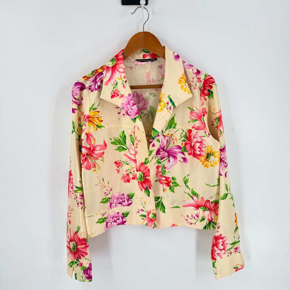 Vintage 100% Silk Floral Jacket Cream Multicolor Medium Vintage Cropped Garden‎
